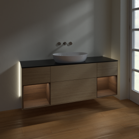 Тумба под раковину Villeroy & Boch Finion 160х50,1 см с подсветкой МДФ шпон дуба/стекло черное матовое GD02GNPC