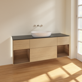 Тумба под раковину Villeroy & Boch Finion 160х50,1 см с подсветкой МДФ шпон дуба/стекло черное матовое GD02GNPC