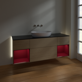 Тумба под раковину Villeroy & Boch Finion 160х50,1 см с подсветкой МДФ шпон дуба/стекло черное матовое GD02HBPC