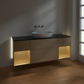 Тумба под раковину Villeroy & Boch Finion 160х50,1 см с подсветкой МДФ шпон дуба/стекло черное матовое GD02HFPC