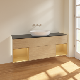 Тумба под раковину Villeroy & Boch Finion 160х50,1 см с подсветкой МДФ шпон дуба/стекло черное матовое GD02HFPC