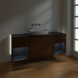 Тумба під раковину Villeroy & Boch Finion 160х50,1 см із підсвічуванням МДФ шпон волоського горіха/скло чорне матове GD02HGGN