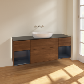 Тумба під раковину Villeroy & Boch Finion 160х50,1 см із підсвічуванням МДФ шпон волоського горіха/скло чорне матове GD02HGGN