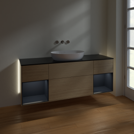 Тумба под раковину Villeroy & Boch Finion 160х50,1 см с подсветкой МДФ шпон дуба/стекло черное матовое GD02HGPC