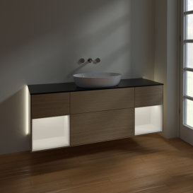 Тумба под раковину Villeroy & Boch Finion 160х50,1 см с подсветкой МДФ шпон дуба/стекло черное матовое GD02MTPC