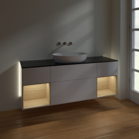 Тумба под раковину Villeroy & Boch Finion 160х50,1 см с подсветкой МДФ глянцевый белый лак/стекло черное матовое GD02PCGF