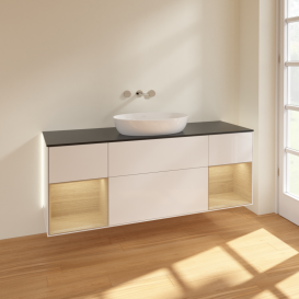 Тумба под раковину Villeroy & Boch Finion 160х50,1 см с подсветкой МДФ глянцевый белый лак/стекло черное матовое GD02PCGF