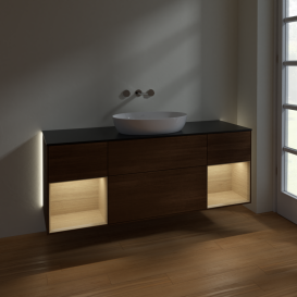 Тумба под раковину Villeroy & Boch Finion 160х50,1 см с подсветкой МДФ шпон грецкого ореха/стекло черное матовое GD02PCGN