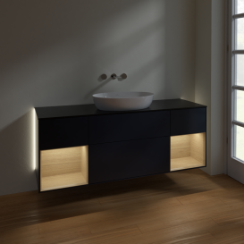 Тумба під раковину Villeroy & Boch Finion 160х50,1 см із підсвічуванням МДФ темно-синій матовий лак/скло чорне матове GD02PCHG