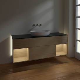 Тумба под раковину Villeroy & Boch Finion 160х50,1 см с подсветкой МДФ шпон дуба/стекло черное матовое GD02PCPC