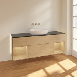 Тумба под раковину Villeroy & Boch Finion 160х50,1 см с подсветкой МДФ шпон дуба/стекло черное матовое GD02PCPC