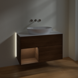 Тумба под раковину Villeroy & Boch Finion 100х50,1 см с подсветкой МДФ шпон грецкого ореха/стекло белое матовое GA11GNGN