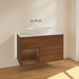 Тумба под раковину Villeroy & Boch Finion 100х50,1 см с подсветкой МДФ шпон грецкого ореха/стекло белое матовое GA11GNGN