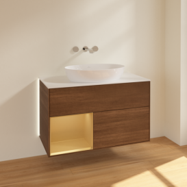 Тумба под раковину Villeroy & Boch Finion 100х50,1 см с подсветкой МДФ шпон грецкого ореха/стекло белое матовое GA11HFGN