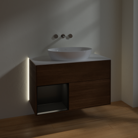 Тумба под раковину Villeroy & Boch Finion 100х50,1 см с подсветкой МДФ шпон грецкого ореха/стекло белое матовое GA11PDGN