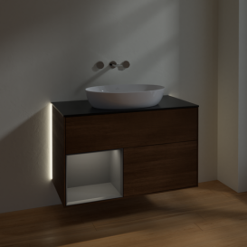 Тумба под раковину Villeroy & Boch Finion 100х50,1 см с подсветкой МДФ шпон грецкого ореха/стекло черное матовое GA12GKGN