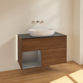 Тумба под раковину Villeroy & Boch Finion 100х50,1 см с подсветкой МДФ шпон грецкого ореха/стекло черное матовое GA12GKGN