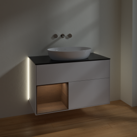 Тумба под раковину Villeroy & Boch Finion 100х50,1 см с подсветкой МДФ глянцевый белый лак/стекло черное матовое GA12GNGF