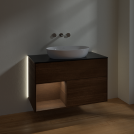 Тумба под раковину Villeroy & Boch Finion 100х50,1 см с подсветкой МДФ шпон грецкого ореха/стекло черное матовое GA12GNGN