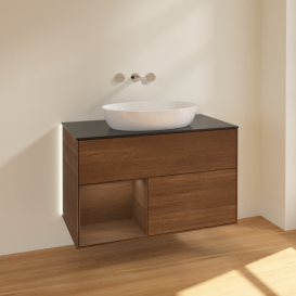 Тумба под раковину Villeroy & Boch Finion 100х50,1 см с подсветкой МДФ шпон грецкого ореха/стекло черное матовое GA12GNGN