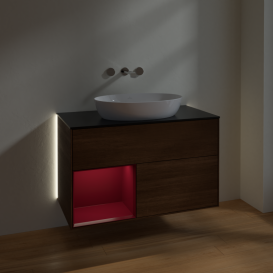 Тумба под раковину Villeroy & Boch Finion 100х50,1 см с подсветкой МДФ шпон грецкого ореха/стекло черное матовое GA12HBGN