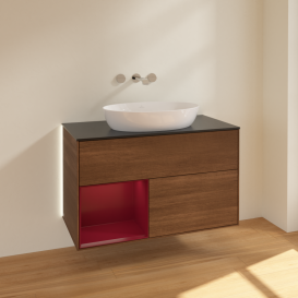 Тумба под раковину Villeroy & Boch Finion 100х50,1 см с подсветкой МДФ шпон грецкого ореха/стекло черное матовое GA12HBGN