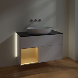 Тумба под раковину Villeroy & Boch Finion 100х50,1 см с подсветкой МДФ глянцевый белый лак/стекло черное матовое GA12HFGF