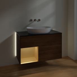 Тумба под раковину Villeroy & Boch Finion 100х50,1 см с подсветкой МДФ шпон грецкого ореха/стекло черное матовое GA12HFGN