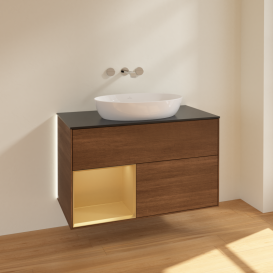 Тумба под раковину Villeroy & Boch Finion 100х50,1 см с подсветкой МДФ шпон грецкого ореха/стекло черное матовое GA12HFGN