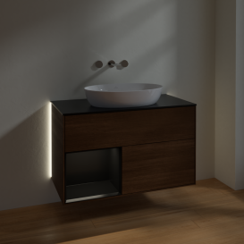 Тумба під раковину Villeroy & Boch Finion 100х50,1 см із підсвічуванням МДФ шпон волоського горіха/скло чорне матове GA12PDGN