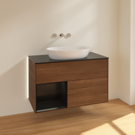 Тумба під раковину Villeroy & Boch Finion 100х50,1 см із підсвічуванням МДФ шпон волоського горіха/скло чорне матове GA12PDGN