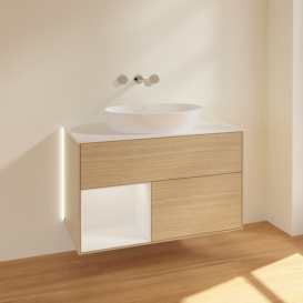 Тумба под раковину Villeroy & Boch Finion 100х50,1 см с подсветкой МДФ шпон дуба/стекло белое матовое GA11GFPC