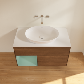 Тумба под раковину Villeroy & Boch Finion 100х50,1 см с подсветкой МДФ шпон грецкого ореха/стекло белое матовое GA11GMGN