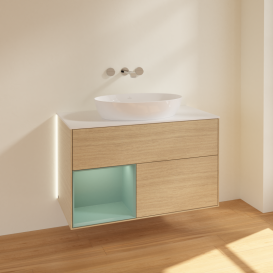 Тумба под раковину Villeroy & Boch Finion 100х50,1 см с подсветкой МДФ шпон дуба/стекло белое матовое GA11GMPC