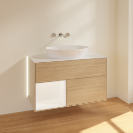 Тумба под раковину Villeroy & Boch Finion 100х50,1 см с подсветкой МДФ шпон дуба/стекло белое матовое GA11MTPC