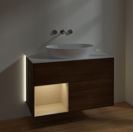 Тумба под раковину Villeroy & Boch Finion 100х50,1 см с подсветкой МДФ шпон грецкого ореха/стекло белое матовое GA11PCGN