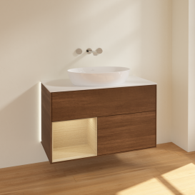 Тумба под раковину Villeroy & Boch Finion 100х50,1 см с подсветкой МДФ шпон грецкого ореха/стекло белое матовое GA11PCGN