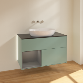 Тумба под раковину Villeroy & Boch Finion 100х50,1 см с подсветкой МДФ оливковый матовый лак/стекло черное матовое GA12GKGM