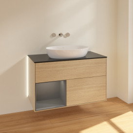 Тумба под раковину Villeroy & Boch Finion 100х50,1 см с подсветкой МДФ шпон дуба/стекло черное матовое GA12GKPC