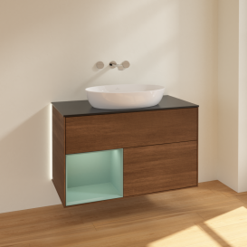 Тумба под раковину Villeroy & Boch Finion 100х50,1 см с подсветкой МДФ шпон грецкого ореха/стекло черное матовое GA12GMGN