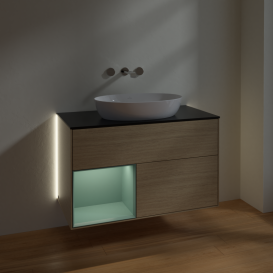 Тумба под раковину Villeroy & Boch Finion 100х50,1 см с подсветкой МДФ шпон дуба/стекло черное матовое GA12GMPC