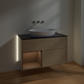 Тумба під раковину Villeroy & Boch Finion 100х50,1 см із підсвічуванням МДФ шпон дуба/скло чорне матове GA12GNPC