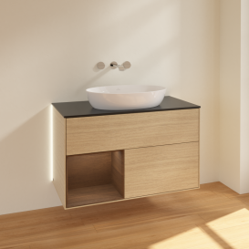 Тумба під раковину Villeroy & Boch Finion 100х50,1 см із підсвічуванням МДФ шпон дуба/скло чорне матове GA12GNPC