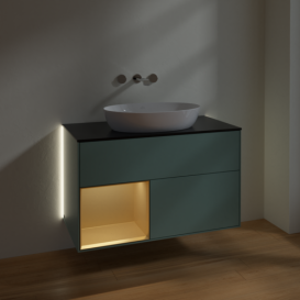Тумба под раковину Villeroy & Boch Finion 100х50,1 см с подсветкой МДФ оливковый матовый лак/стекло черное матовое GA12HFGM