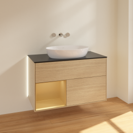 Тумба под раковину Villeroy & Boch Finion 100х50,1 см с подсветкой МДФ шпон дуба/стекло черное матовое GA12HFPC