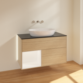 Тумба под раковину Villeroy & Boch Finion 100х50,1 см с подсветкой МДФ шпон дуба/стекло черное матовое GA12MTPC