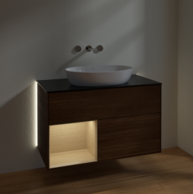 Тумба под раковину Villeroy & Boch Finion 100х50,1 см с подсветкой МДФ шпон грецкого ореха/стекло черное матовое GA12PCGN