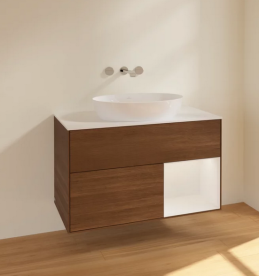 Тумба под раковину Villeroy & Boch Finion 100х50,1 см с подсветкой МДФ шпон грецкого ореха/стекло белое матовое FA21GFGN