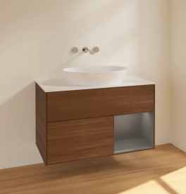 Тумба под раковину Villeroy & Boch Finion 100х50,1 см с подсветкой МДФ шпон грецкого ореха/стекло белое матовое FA21GKGN