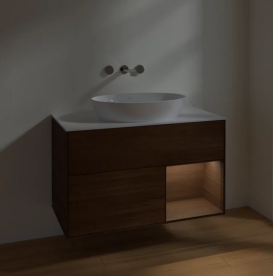 Тумба под раковину Villeroy & Boch Finion 100х50,1 см с подсветкой МДФ шпон грецкого ореха/стекло белое матовое FA21GNGN